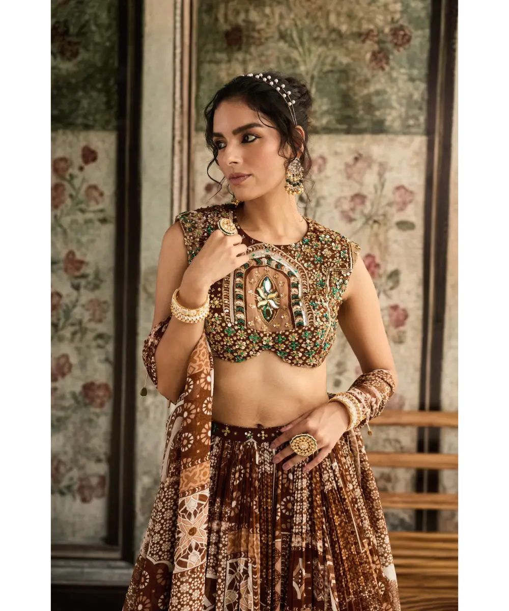 DIYARAJVVIR - Caramel Print and Highlighted Blouse and Lehenga Set